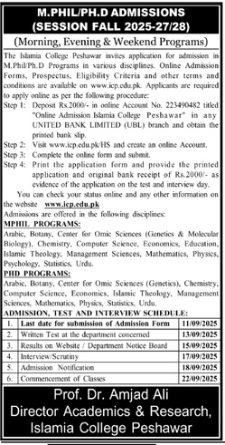 Admission Open in Islamia College Peshawar